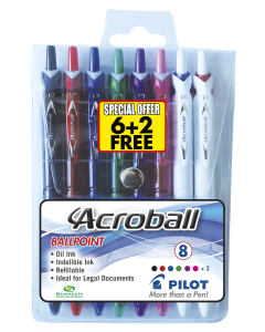 Pilot Acroball Pens Wallet of 8 (6 Plus 2 Free)