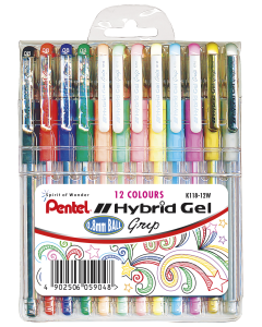 Pentel K118 Hybrid Gel Pens With Rubber Grip - Wallet of 12