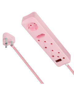 Switched 4 Way Surge Protected Multiplug 0.5M Braided Cord Pink