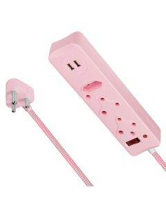 Switched 3 Way Surge Protected Multiplug With Dual USB Ports 0.5m- Pink
