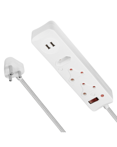 Switched 3 Way Surge Protected Multiplug With Dual USB Ports 3m- White
