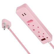 Switched 3 Way Surge Protected Multiplug With Dual USB Ports 3m- Pink